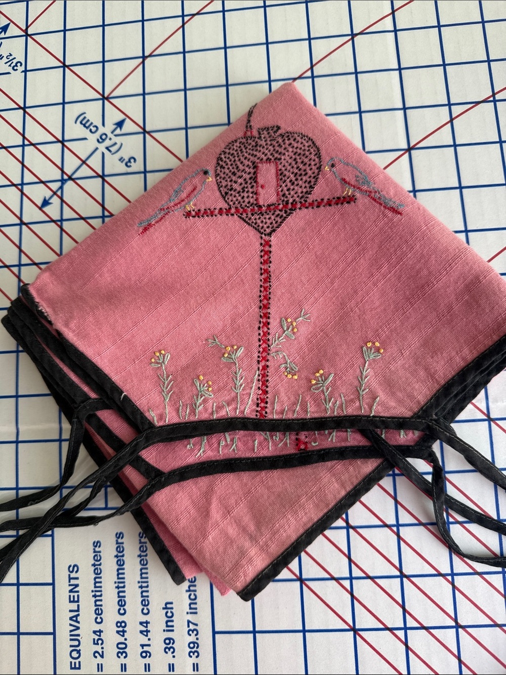 Vintage 1940s 50s Card Table Cover Hand Embroidered Birds Birdhouses Dusty Rose